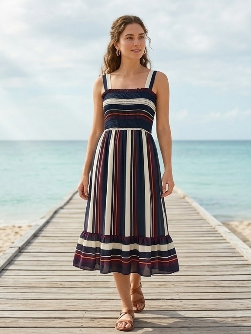 ​SOHO Pink Moon Bay Striped Smocked Midi Dress L